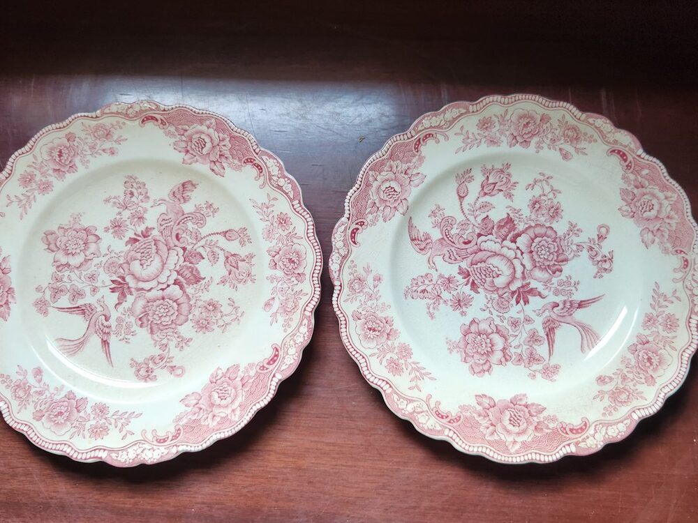 Crown Ducal Bristol Pink Transferware Dinner Plates Set of 2 England 10in